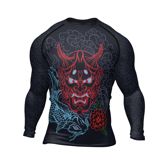 Rashninja Red Samurai Mask with Blue Koi Men's Long Sleeve Rash Guard