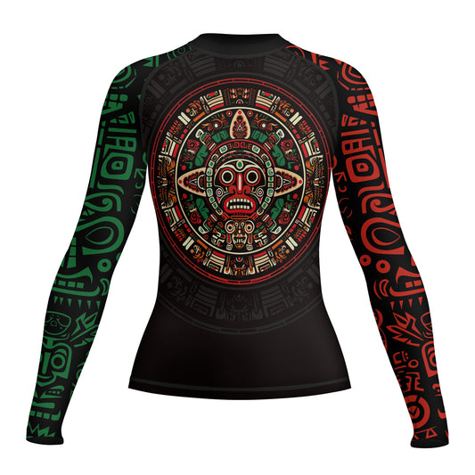 Rashninja Aztec Red & Green Sun Stone Women's Long Sleeve Rash Guard