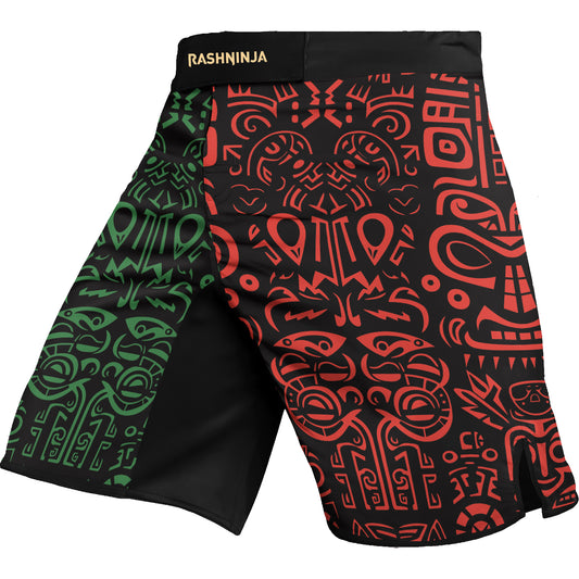 Rashninja Aztec Red & Green Sun Stone Men's Fight Shorts