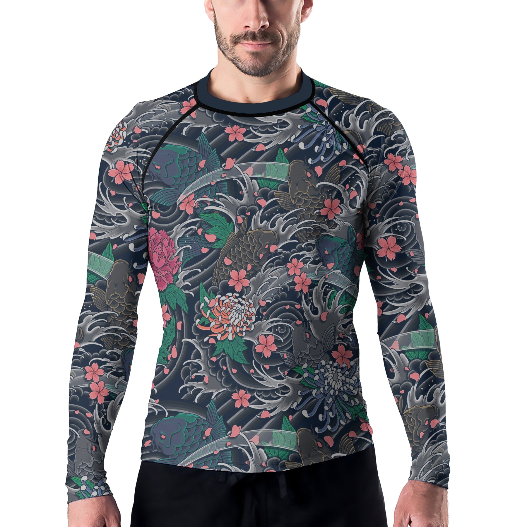 Rashninja Koi Blossom Waves Men's Long Sleeve Rash Guard