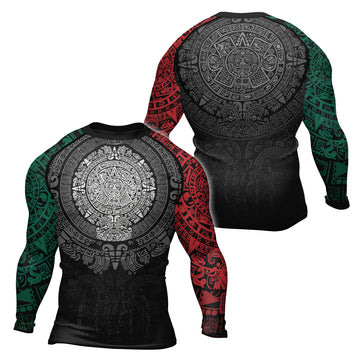 Rashninja Green And Red Aztec Calendar Men's Long Sleeve Rash Guard