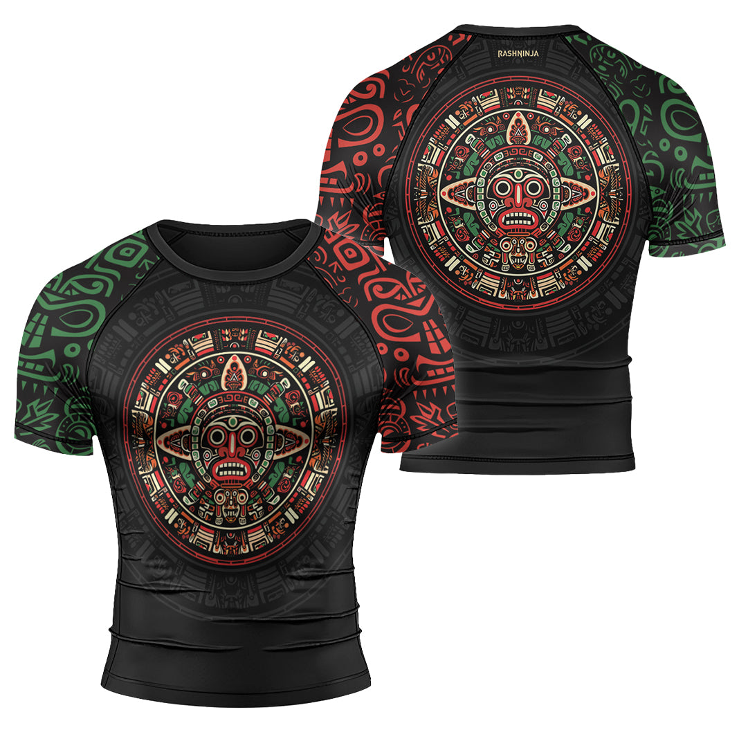 Rashninja Aztec Red & Green Sun Stone Men's Short Sleeve Rash Guard