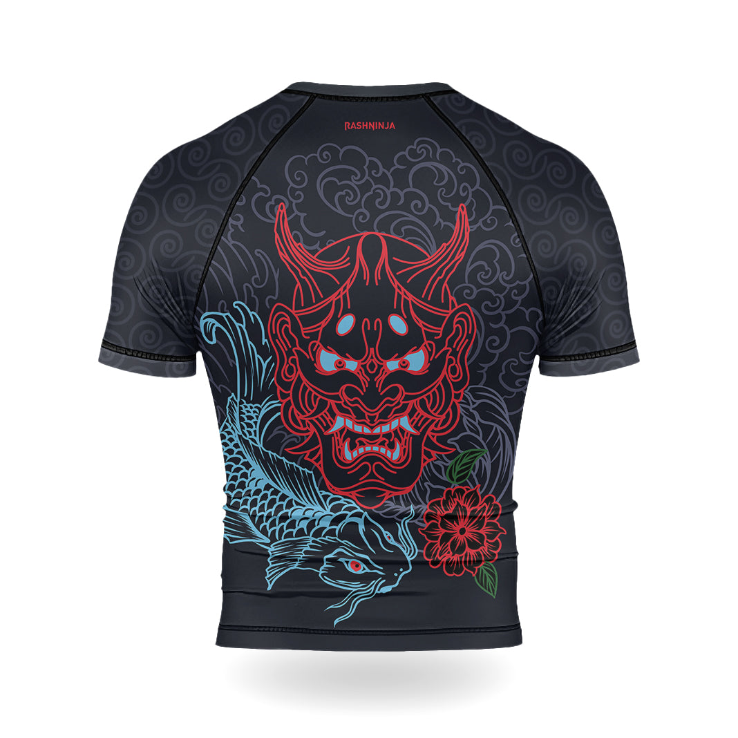 Rashninja Red Samurai Mask with Blue Koi Men's Short Sleeve Rash Guard