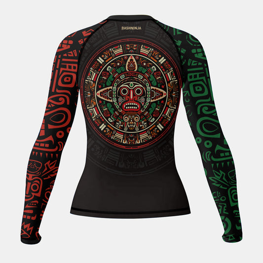 Rashninja Aztec Red & Green Sun Stone Women's Long Sleeve Rash Guard