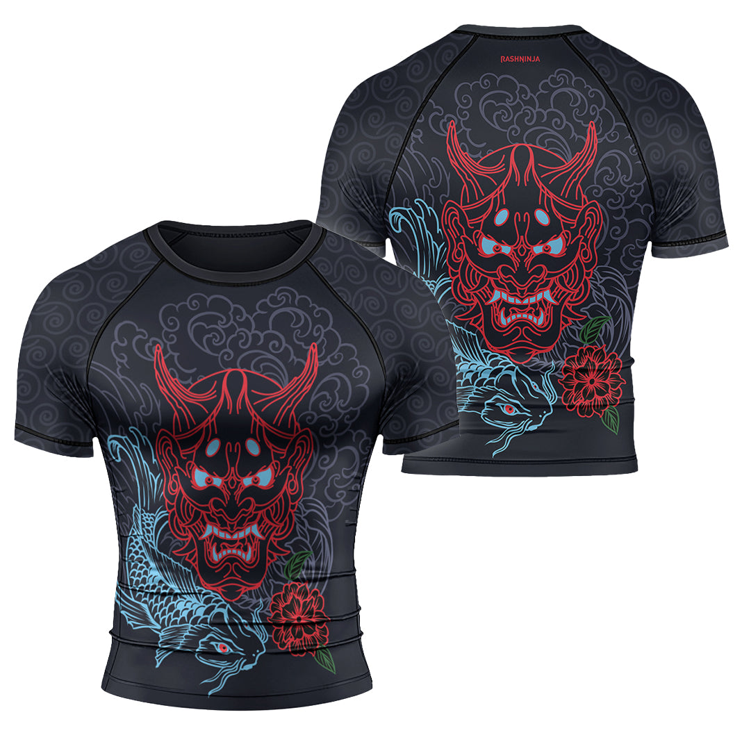 Rashninja Red Samurai Mask with Blue Koi Men's Short Sleeve Rash Guard