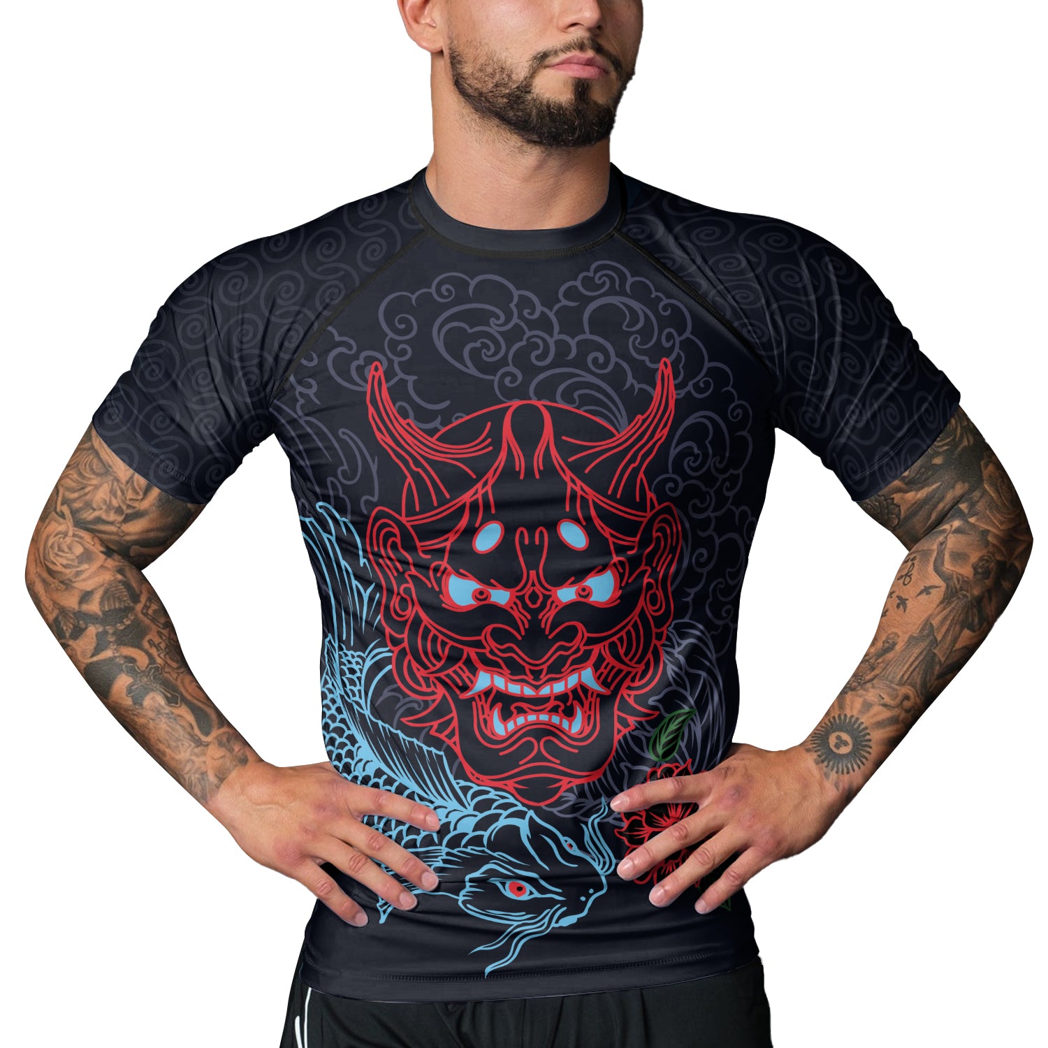 Rashninja Red Samurai Mask with Blue Koi Men's Short Sleeve Rash Guard