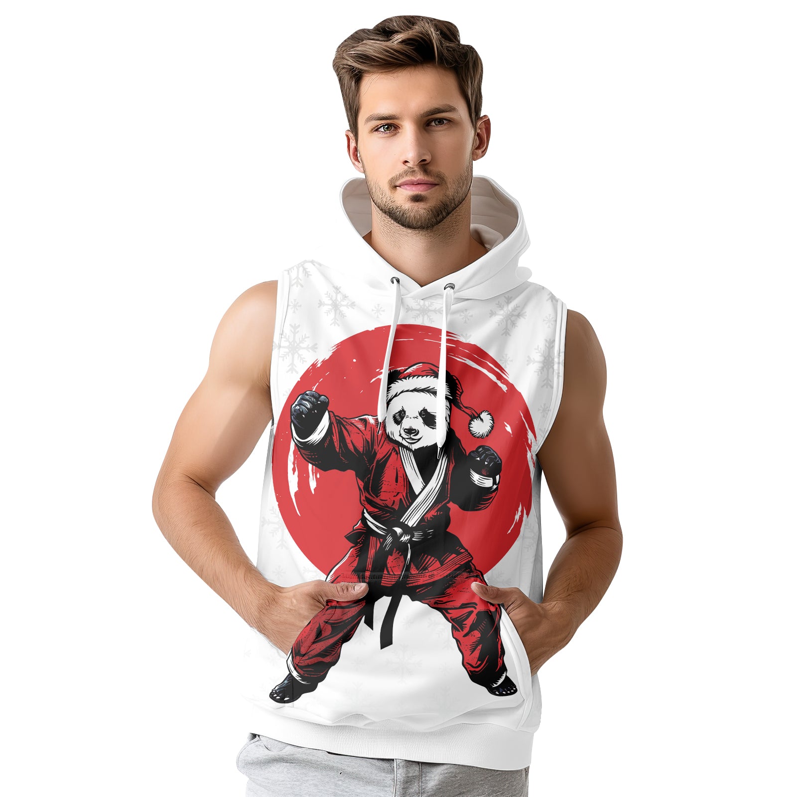 Rashninja White Santa Panda Kung Fu Men's Sleeveless Gym Hoodie