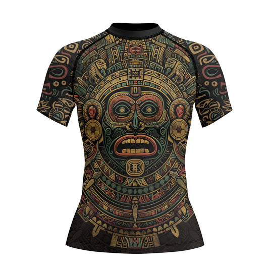 Rashninja Aztec Sun God Mask Women's Short Sleeve Rash Guard