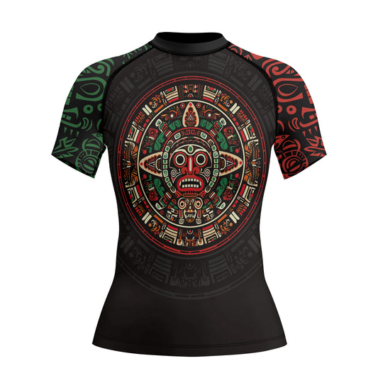 Rashninja Aztec Red & Green Sun Stone Women's Short Sleeve Rash Guard