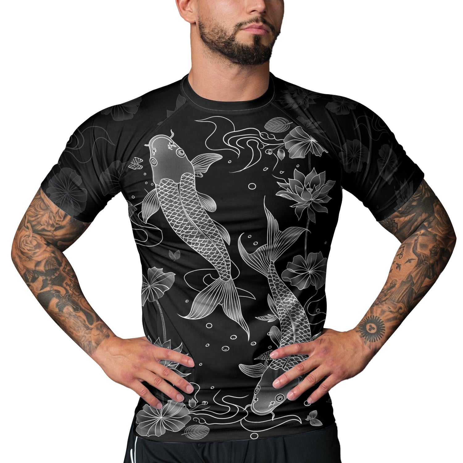 Rashninja Koi Lotus Flow Men's Short Sleeve Rash Guard |Koi Fish Shirt