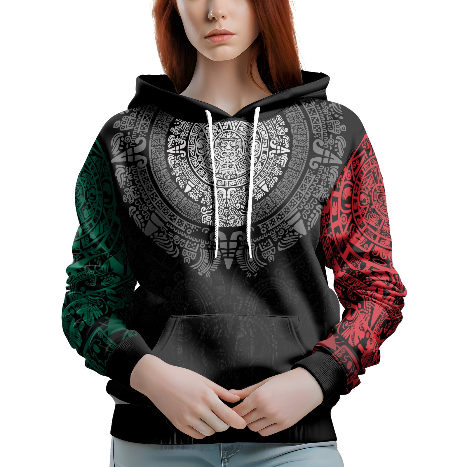 Rashninja Green And Red Aztec Calendar AOP Hoodie