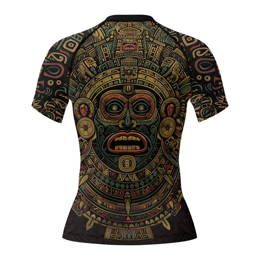 Rashninja Aztec Sun God Mask Women's Short Sleeve Rash Guard