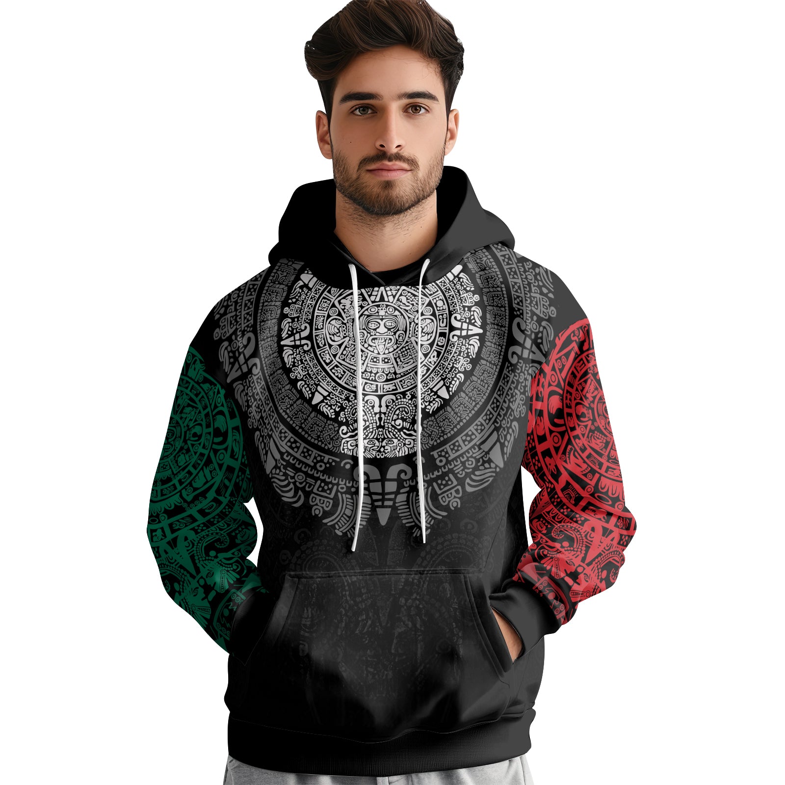 Rashninja Green And Red Aztec Calendar AOP Hoodie