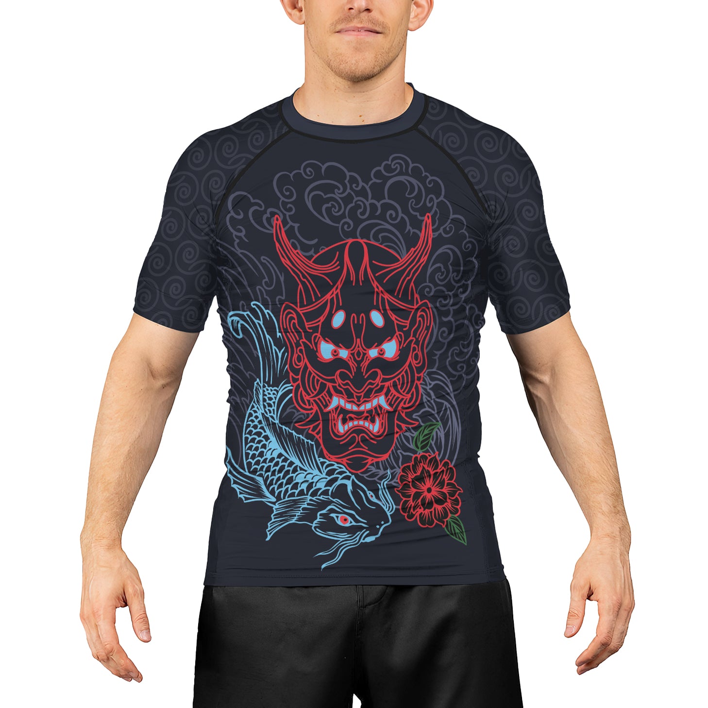 Rashninja Red Samurai Mask with Blue Koi Men's Short Sleeve Rash Guard