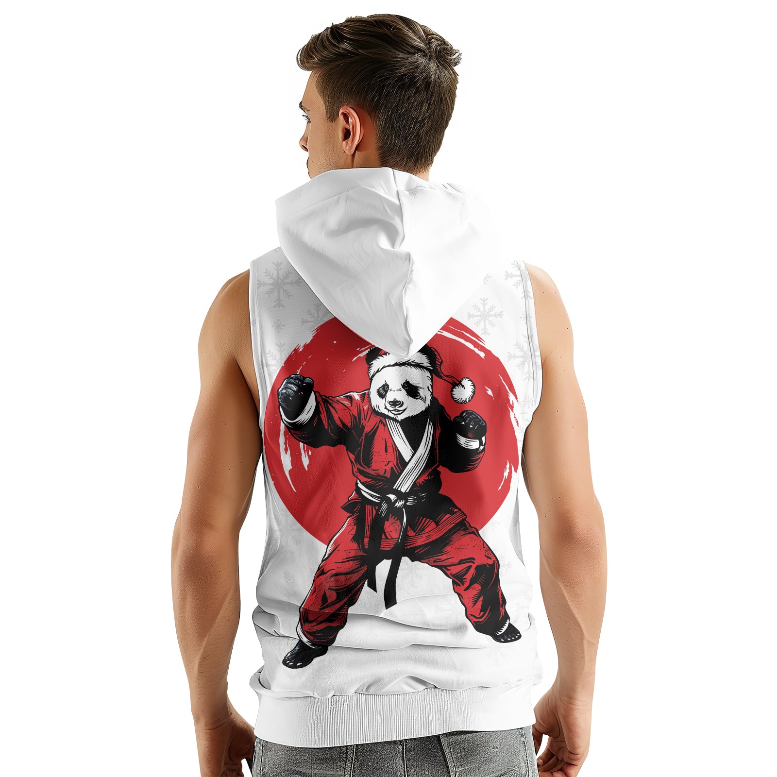 Rashninja White Santa Panda Kung Fu Men's Sleeveless Gym Hoodie