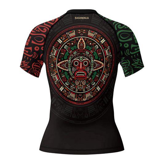 Rashninja Aztec Red & Green Sun Stone Women's Short Sleeve Rash Guard