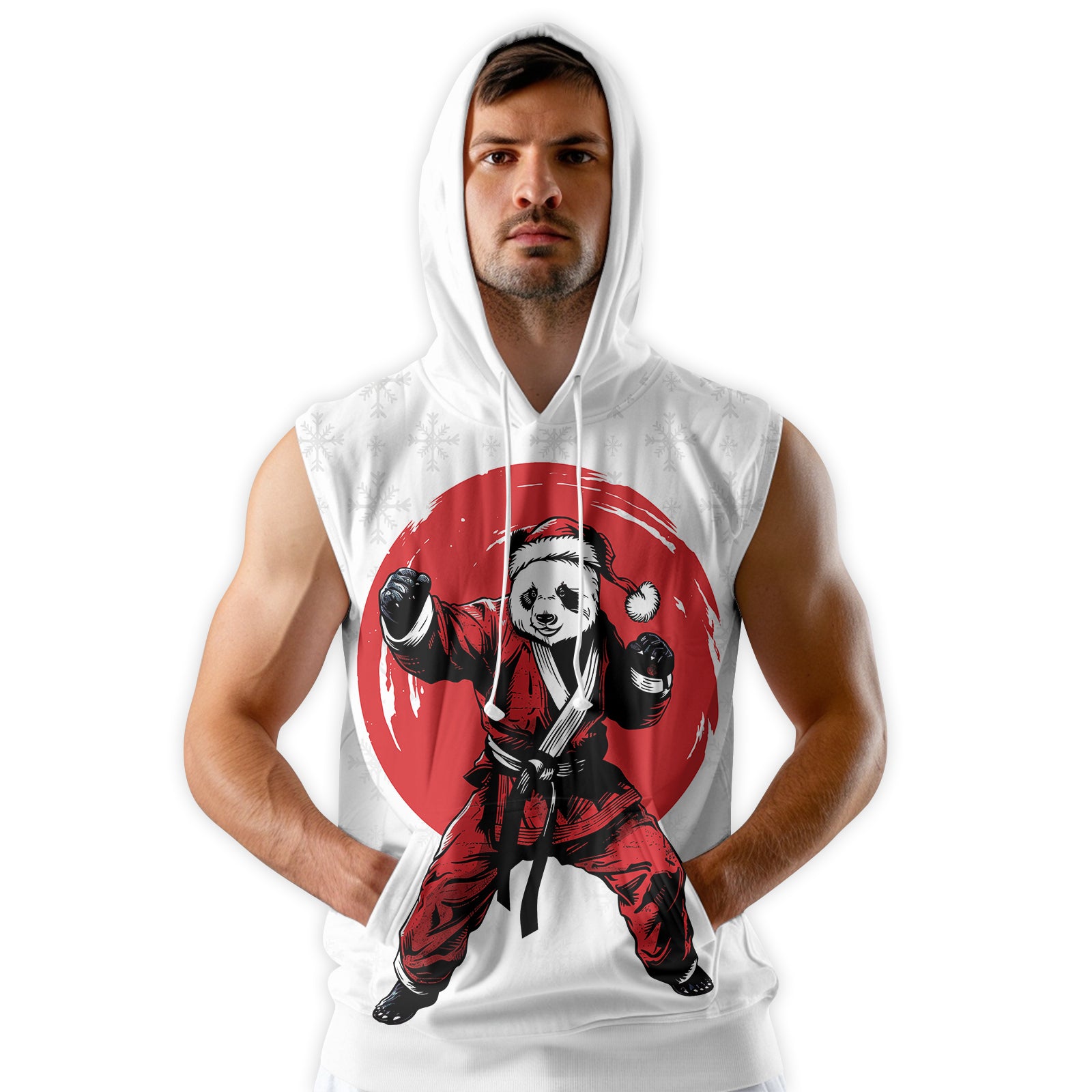 Rashninja White Santa Panda Kung Fu Men's Sleeveless Gym Hoodie