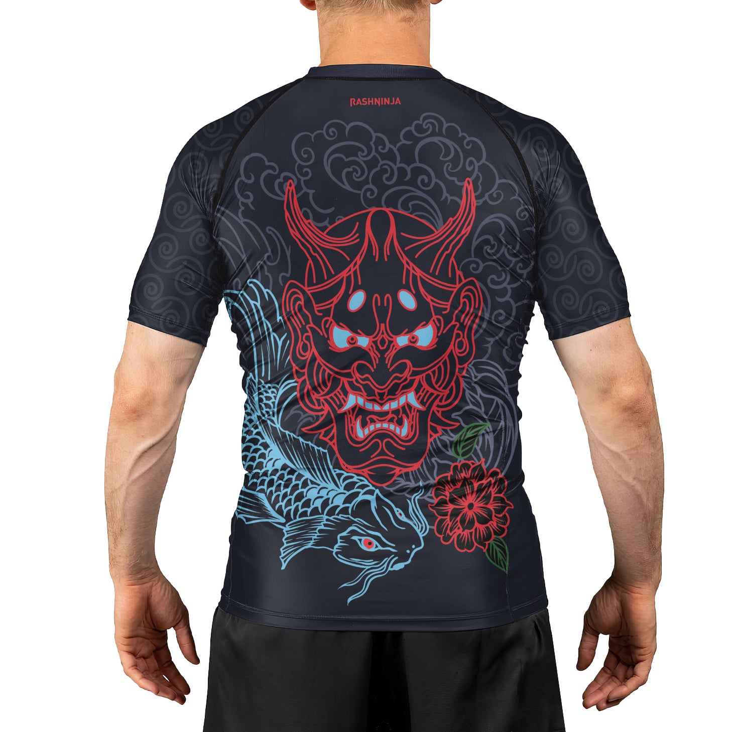 Rashninja Red Samurai Mask with Blue Koi Men's Short Sleeve Rash Guard