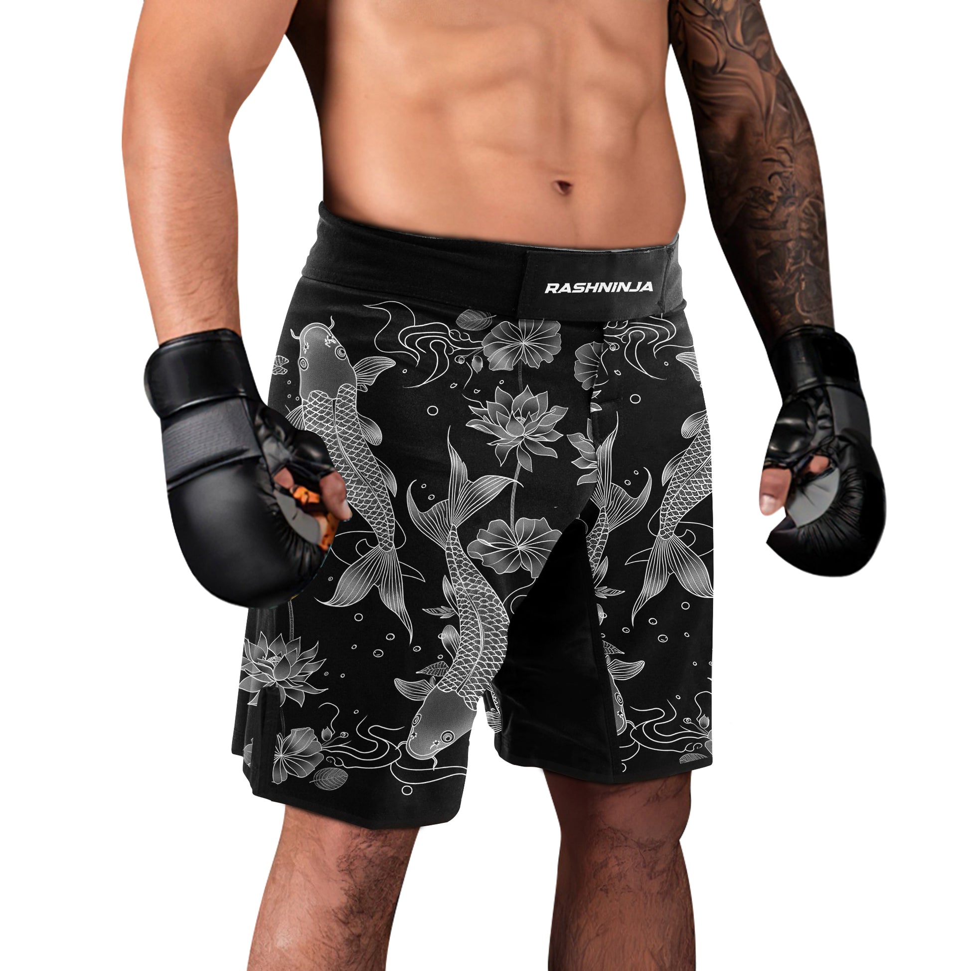 Rashninja Koi Lotus Flow Men's Fight Shorts | Koi Fish MMA Shorts