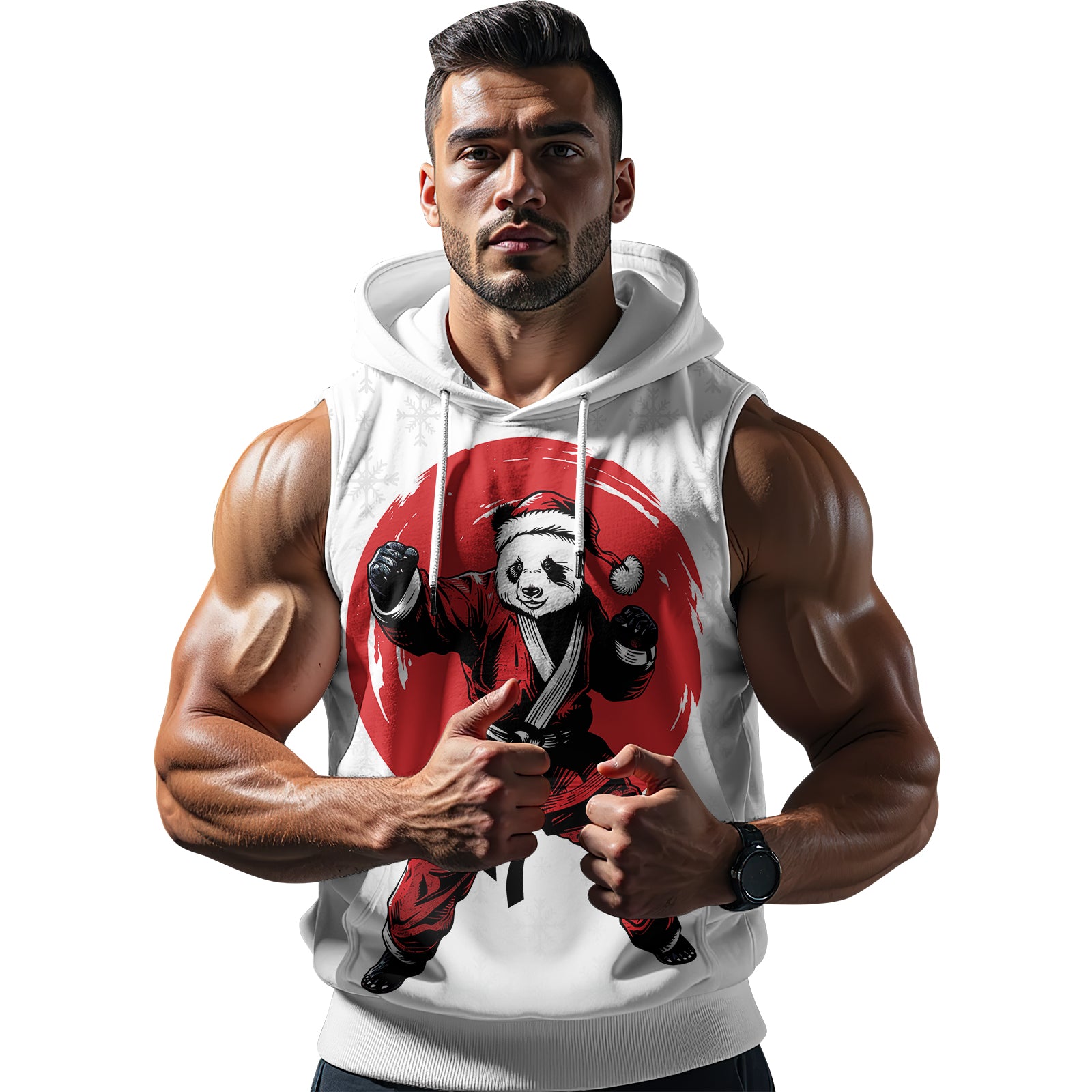 Rashninja White Santa Panda Kung Fu Men's Sleeveless Gym Hoodie