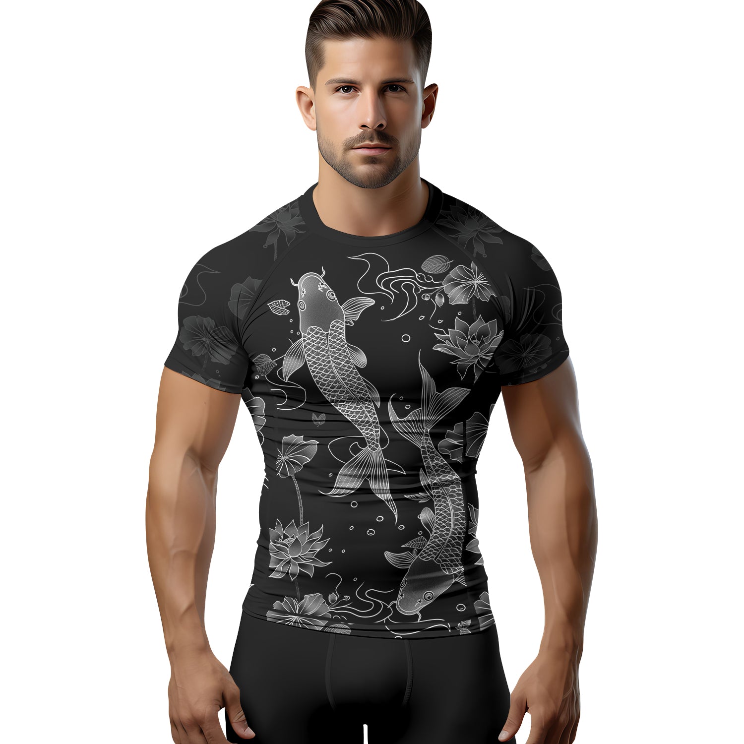 Rashninja Koi Lotus Flow Men's Short Sleeve Rash Guard |Koi Fish Shirt