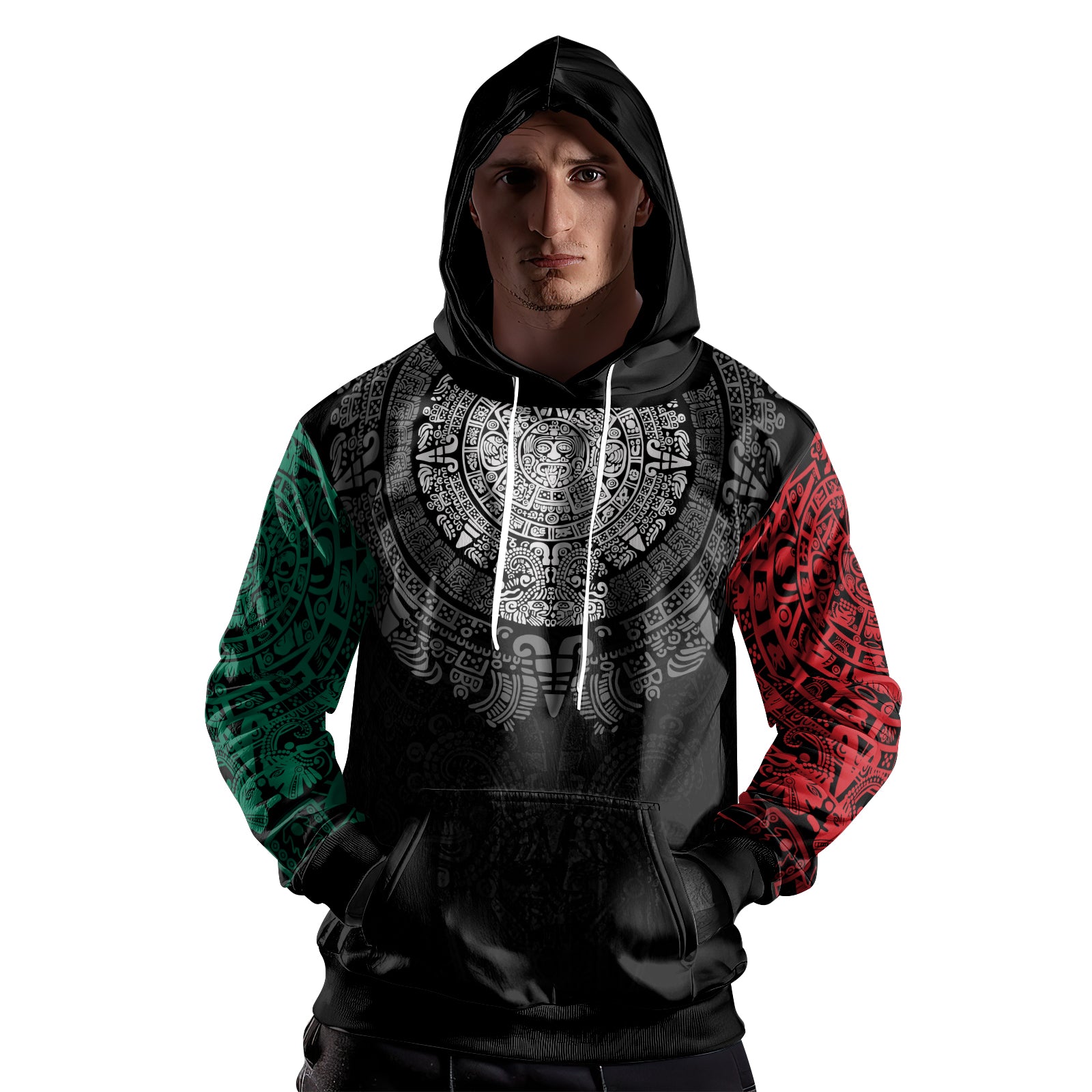 Rashninja Green And Red Aztec Calendar AOP Hoodie