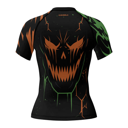 Rashninja Halloween Pumpkin Skull Blaze Women's Short Sleeve Rash Guard