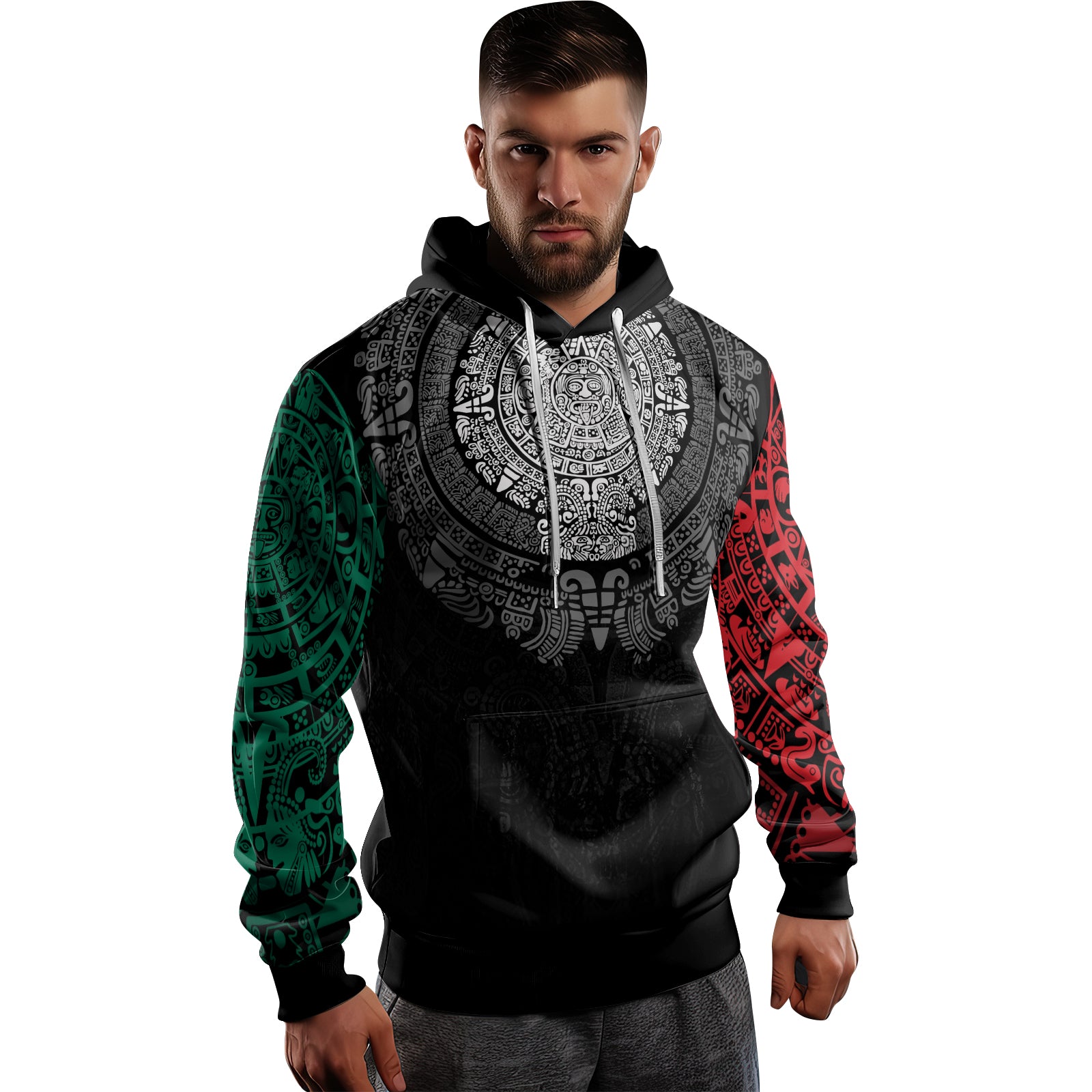 Rashninja Green And Red Aztec Calendar AOP Hoodie