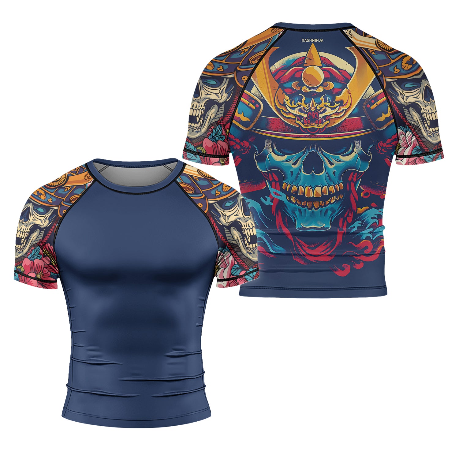 Rashninja Samurai Skull Blossom Men's Short Sleeve Rash Guard