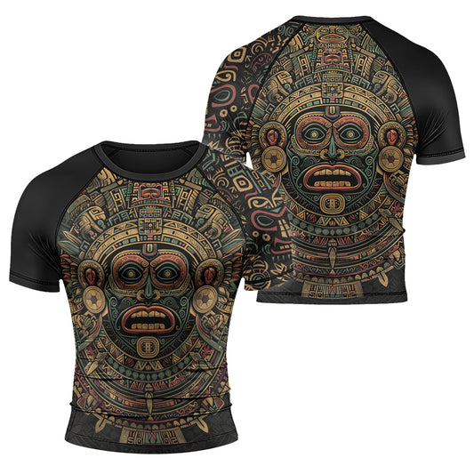 Rashninja Aztec Sun God Mask Men's Short Sleeve Rash Guard