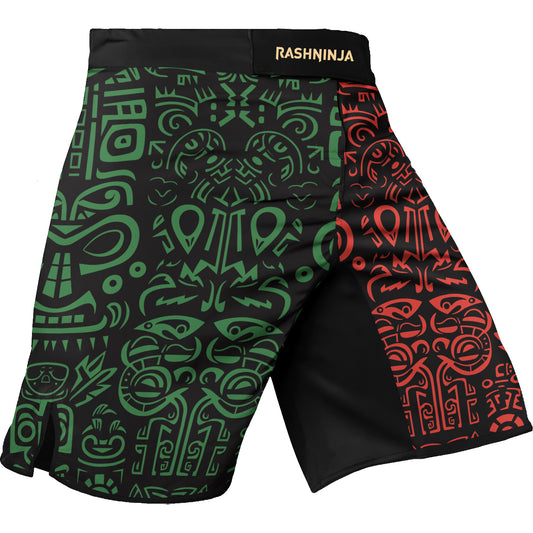 Rashninja Aztec Red & Green Sun Stone Men's Fight Shorts