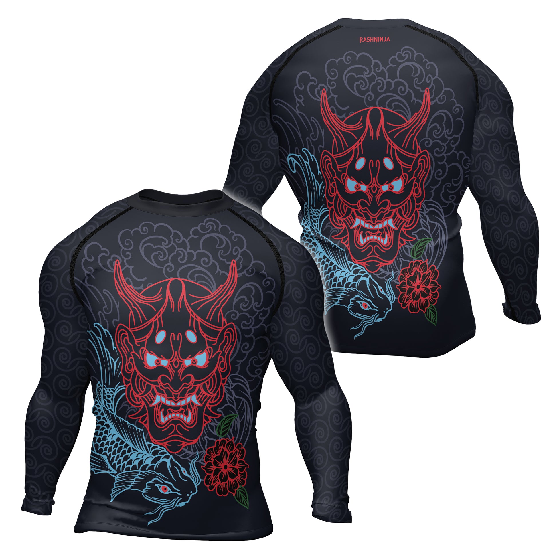 Rashninja Red Samurai Mask with Blue Koi Men's Long Sleeve Rash Guard