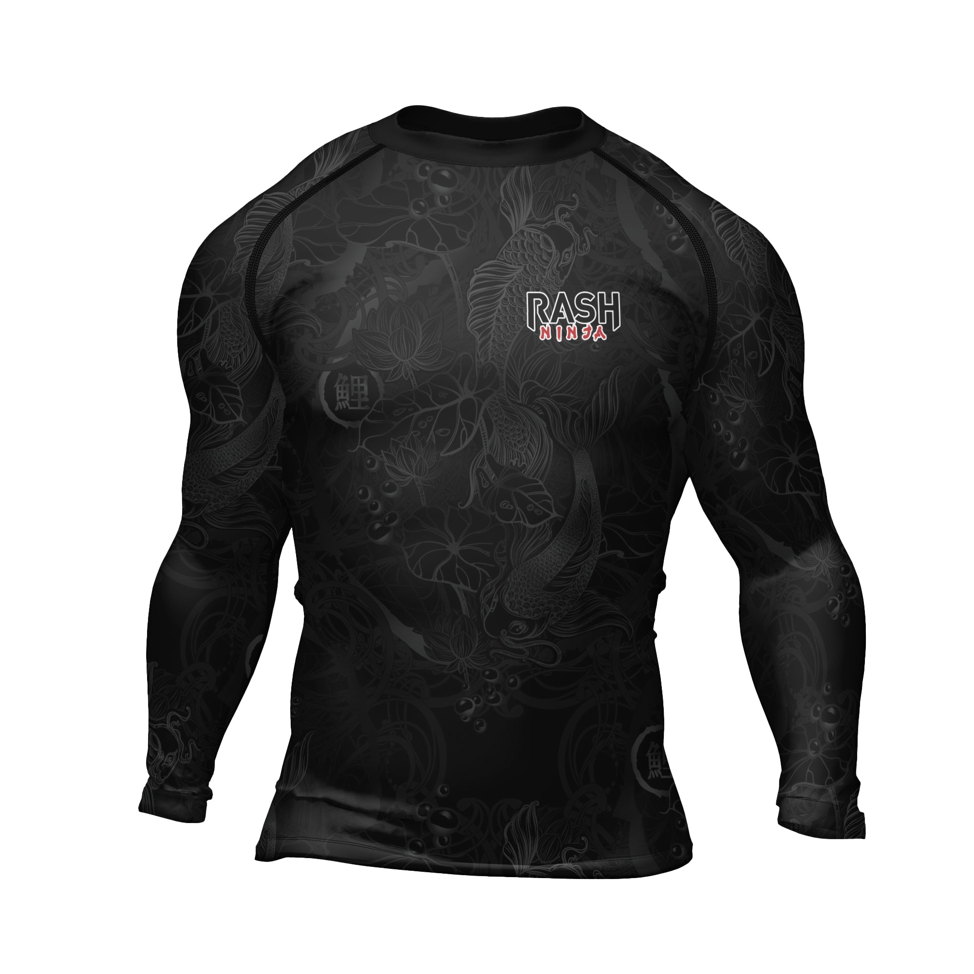 RASH GUARD HUGE SHIRTS ブラック Rashninja Black Monochrome Koi Men's Long Sleeve Rash Guard