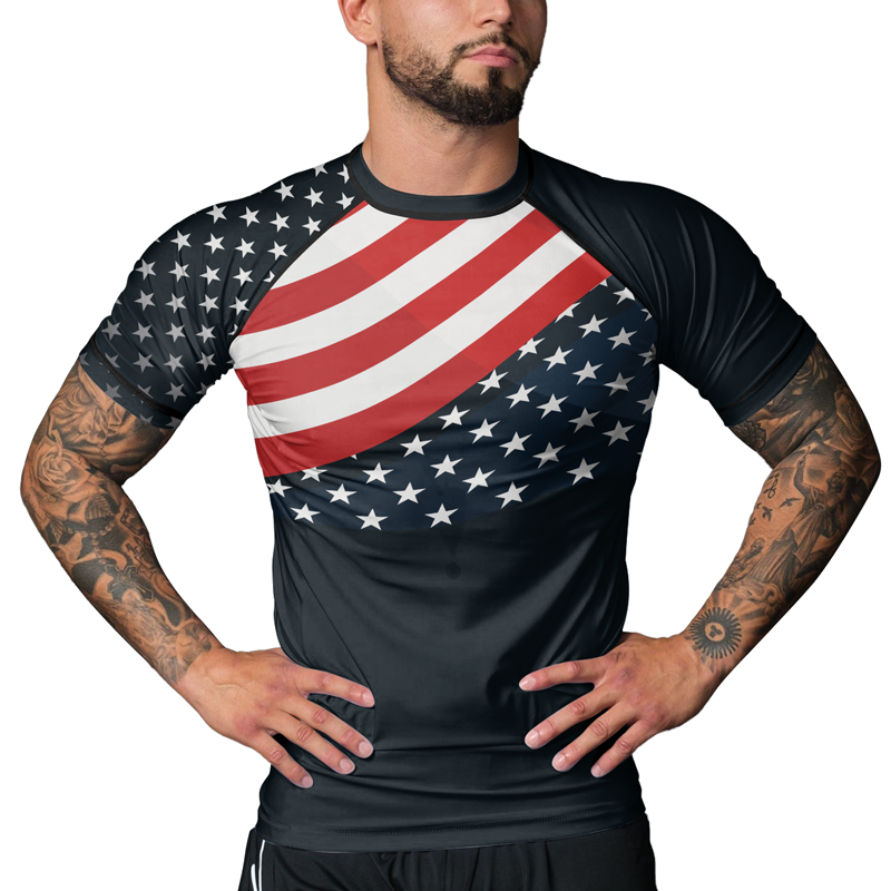 Rashninja Patriotic American Flag Men's Short Sleeve Rash Guard