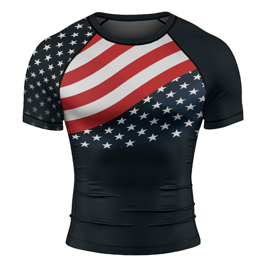 Rashninja Patriotic American Flag Men's Short Sleeve Rash Guard