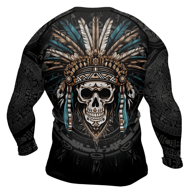 Rashninja Aztec Chief Skull Men's Long Sleeve Rash Guard - Rashninja LLC