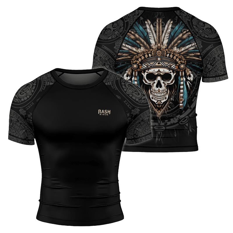 Rashninja Aztec Chief Skull Men's Short Sleeve Rash Guard - Rashninja LLC