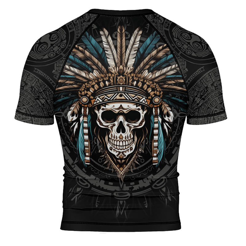 Rashninja Aztec Chief Skull Men's Short Sleeve Rash Guard - Rashninja LLC