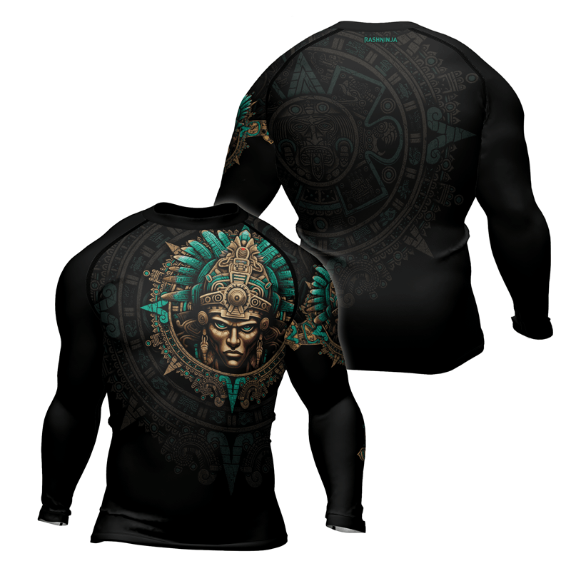 Rashninja Aztec Tribe Warrior Skull Men's Long Sleeve Rash Guard - Rashninja LLC