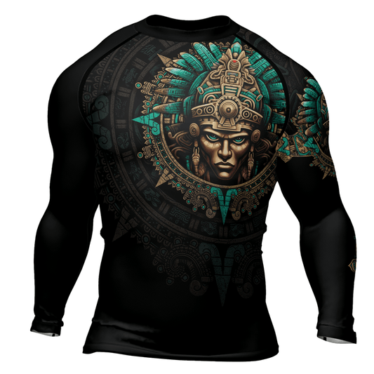 Rashninja Aztec Tribe Warrior Skull Men's Long Sleeve Rash Guard - Rashninja LLC