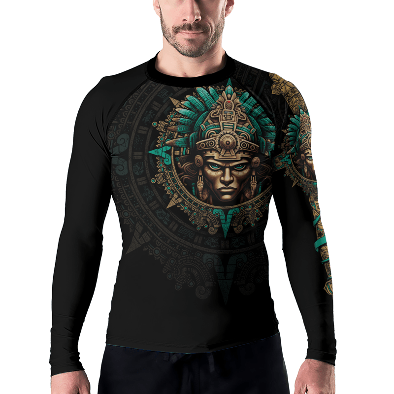 Rashninja Aztec Tribe Warrior Skull Men's Long Sleeve Rash Guard - Rashninja LLC