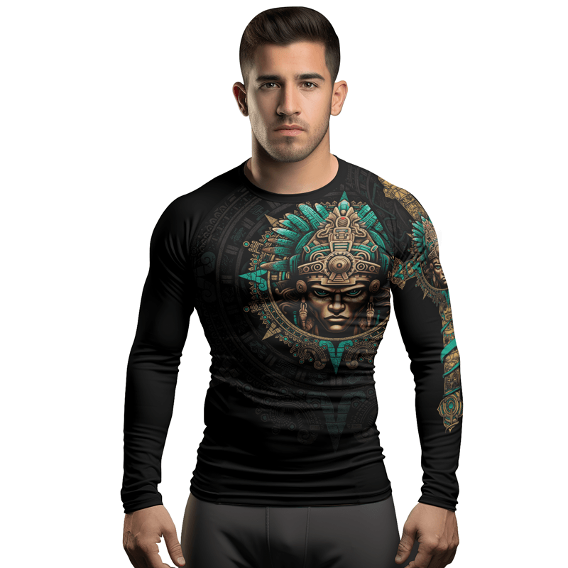 Rashninja Aztec Tribe Warrior Skull Men's Long Sleeve Rash Guard - Rashninja LLC