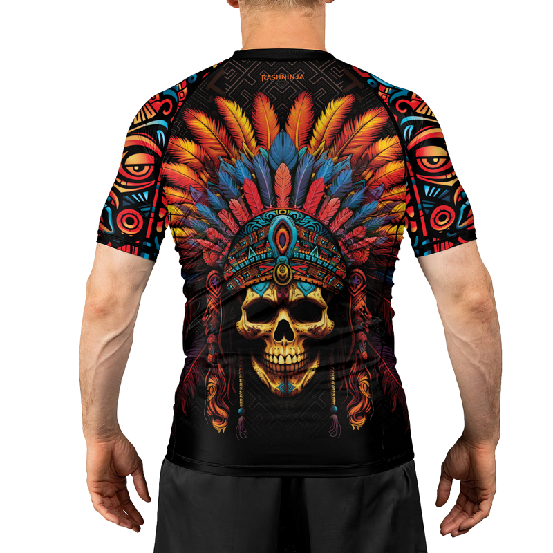 Rashninja Aztec Chieftain Skull Men's Short Sleeve Rash Guard