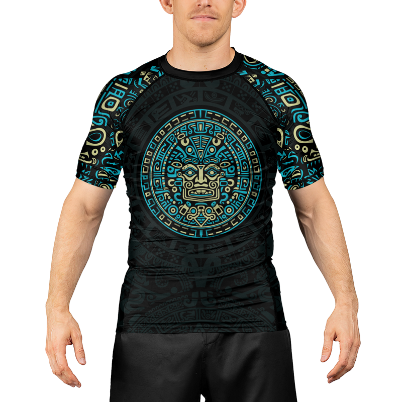 Rashninja Blue And Beige Aztec Calendar Men's Short Sleeve Rash Guard