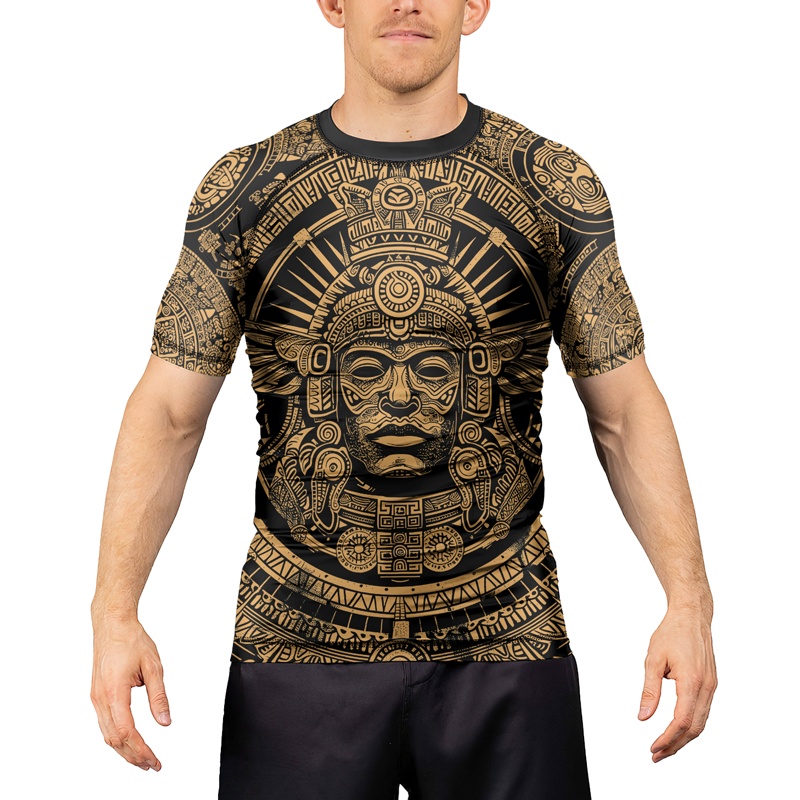 Rashninja Brown Aztec Tribe Headman Men's Short Sleeve Rash Guard