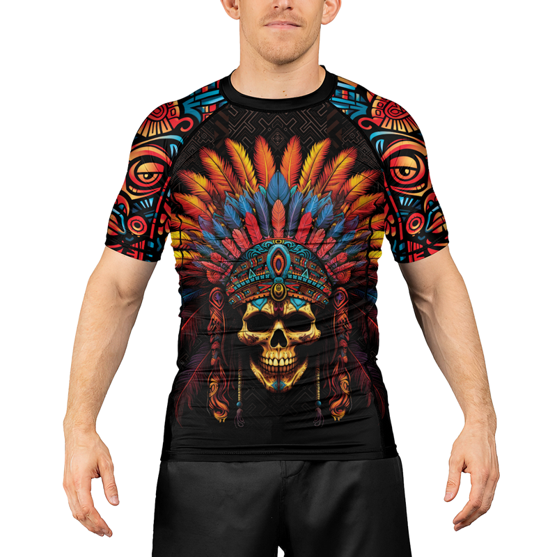 Rashninja Aztec Chieftain Skull Men's Short Sleeve Rash Guard