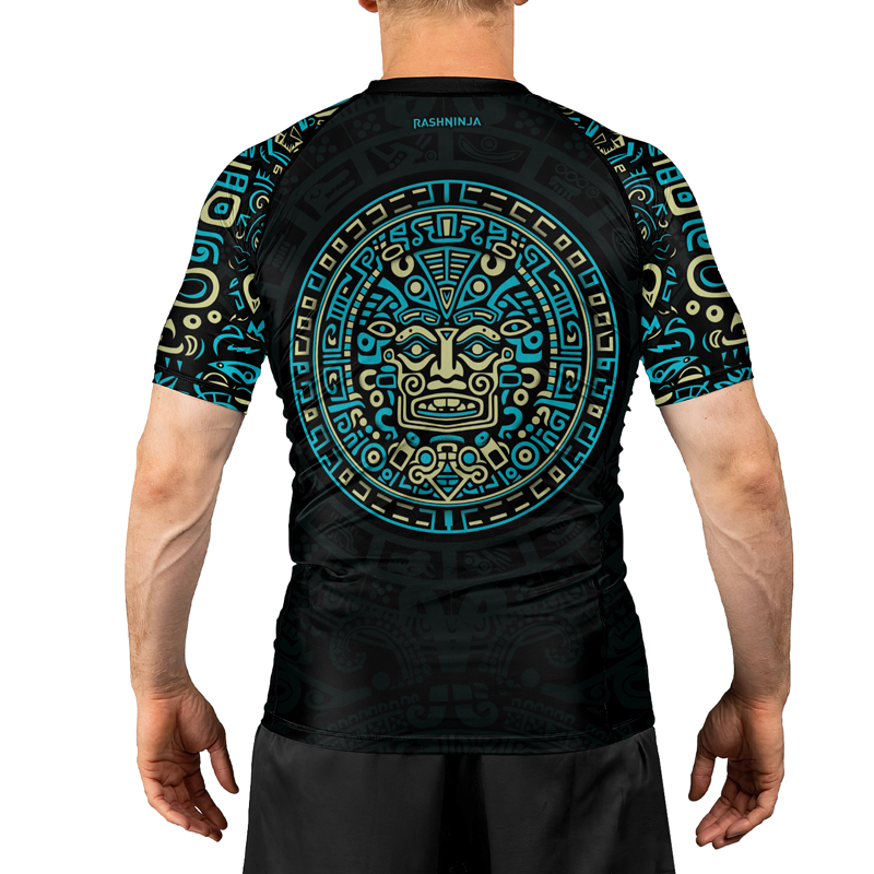 Rashninja Blue And Beige Aztec Calendar Men's Short Sleeve Rash Guard