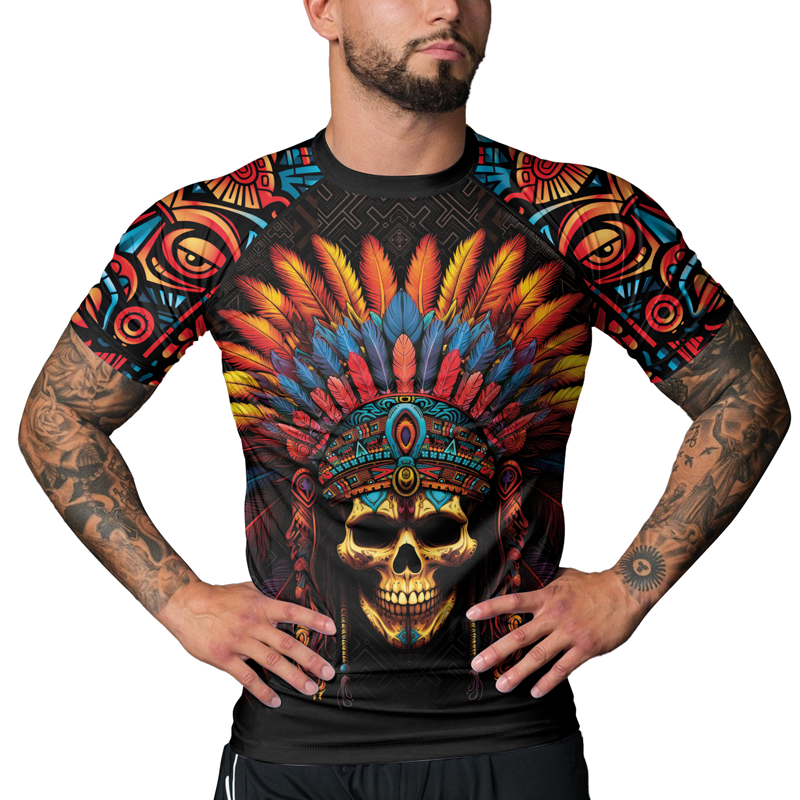 Rashninja Aztec Chieftain Skull Men's Short Sleeve Rash Guard