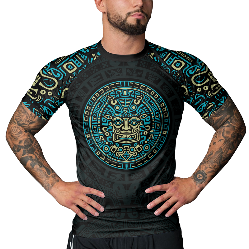 Rashninja Blue And Beige Aztec Calendar Men's Short Sleeve Rash Guard