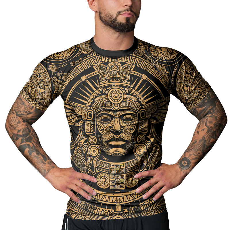 Rashninja Brown Aztec Tribe Headman Men's Short Sleeve Rash Guard